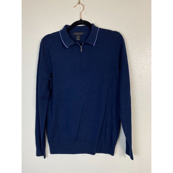 Lachlan Mens Navy Blue 100% Merino Wool Polo Sweater Sz Small Quarter Zip Preppy - Picture 1 of 13